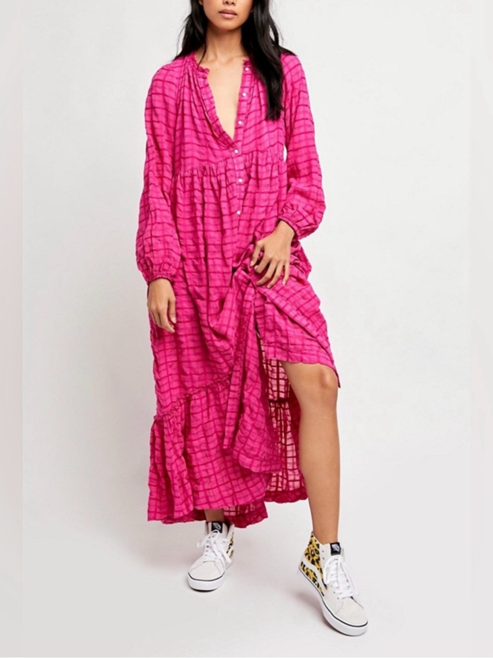 Free People pink plaid Edie gauze Maxi Dress